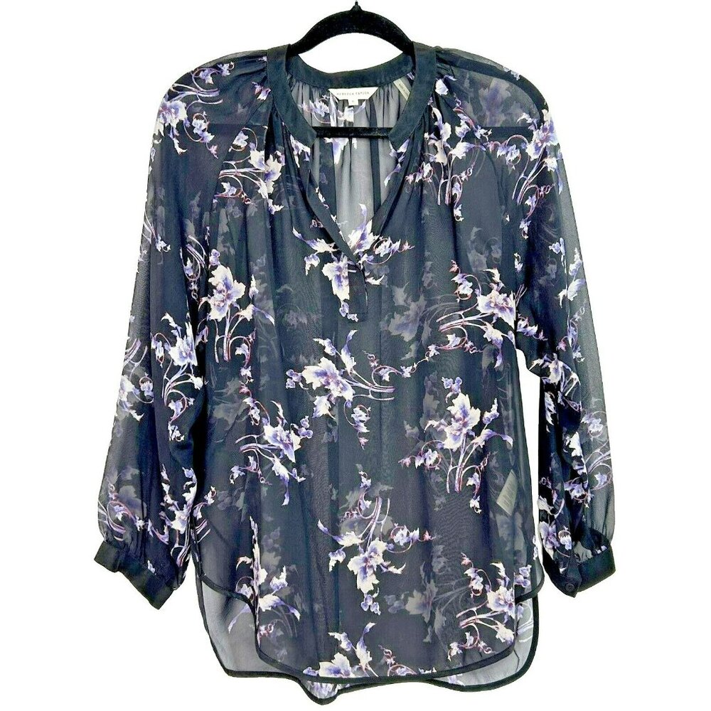 REBECCA TAYLOR Blouse Size 6 Black Floral 100% Silk Sheer Popover Long Sleeve